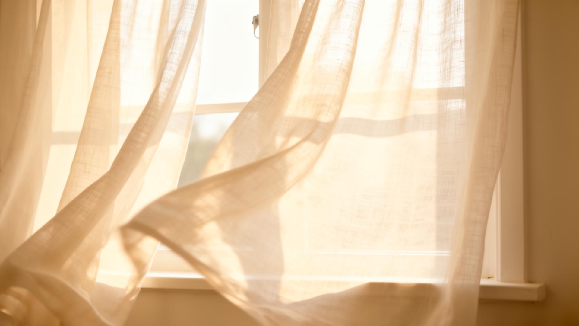 Sheer ivory curtains gently billowing in warm sunlight