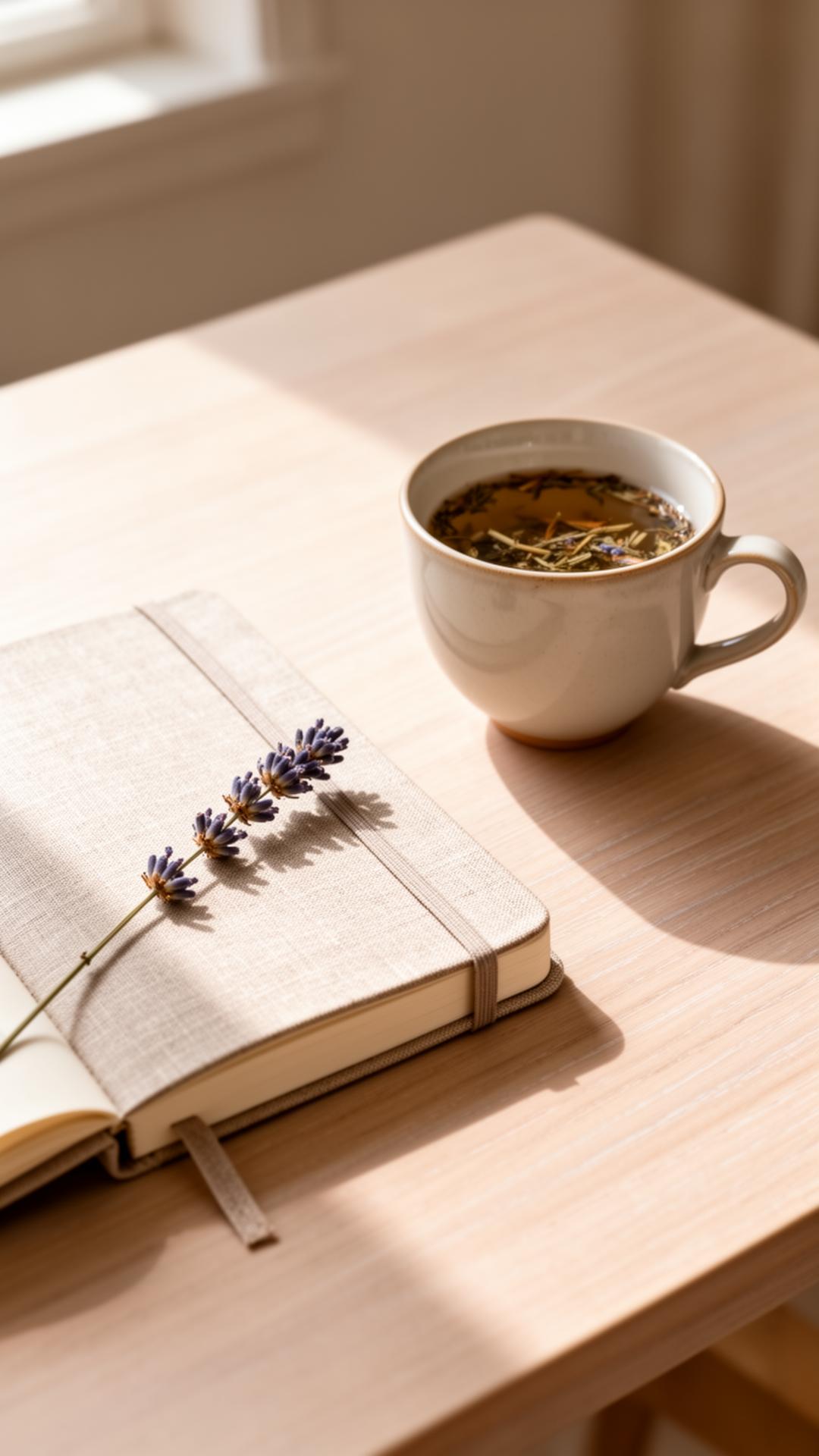 An open linen journal beside a ceramic cup of herbal tea in soft morning light