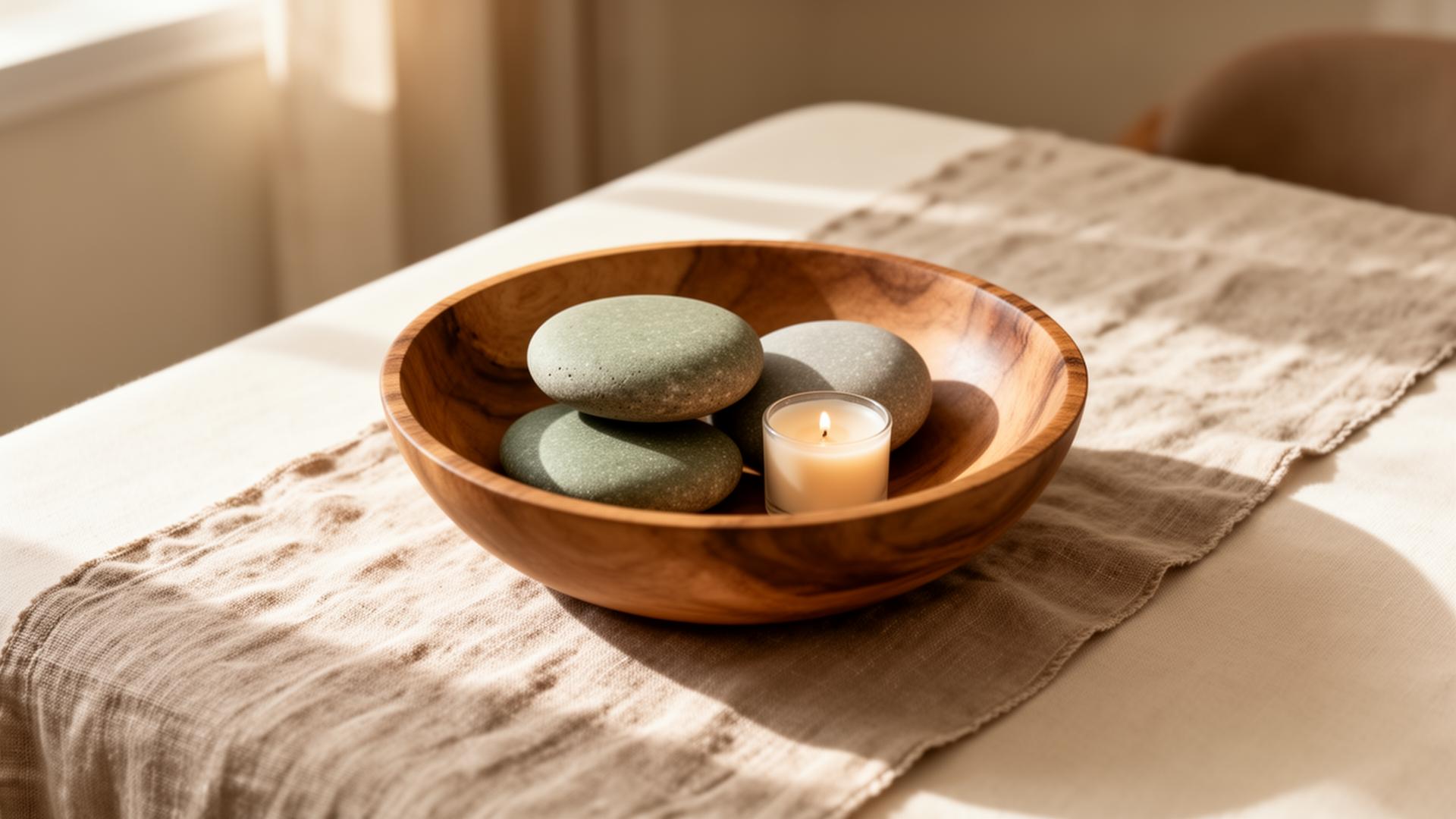 A wooden bowl of smooth river stones beside a small candle on linen