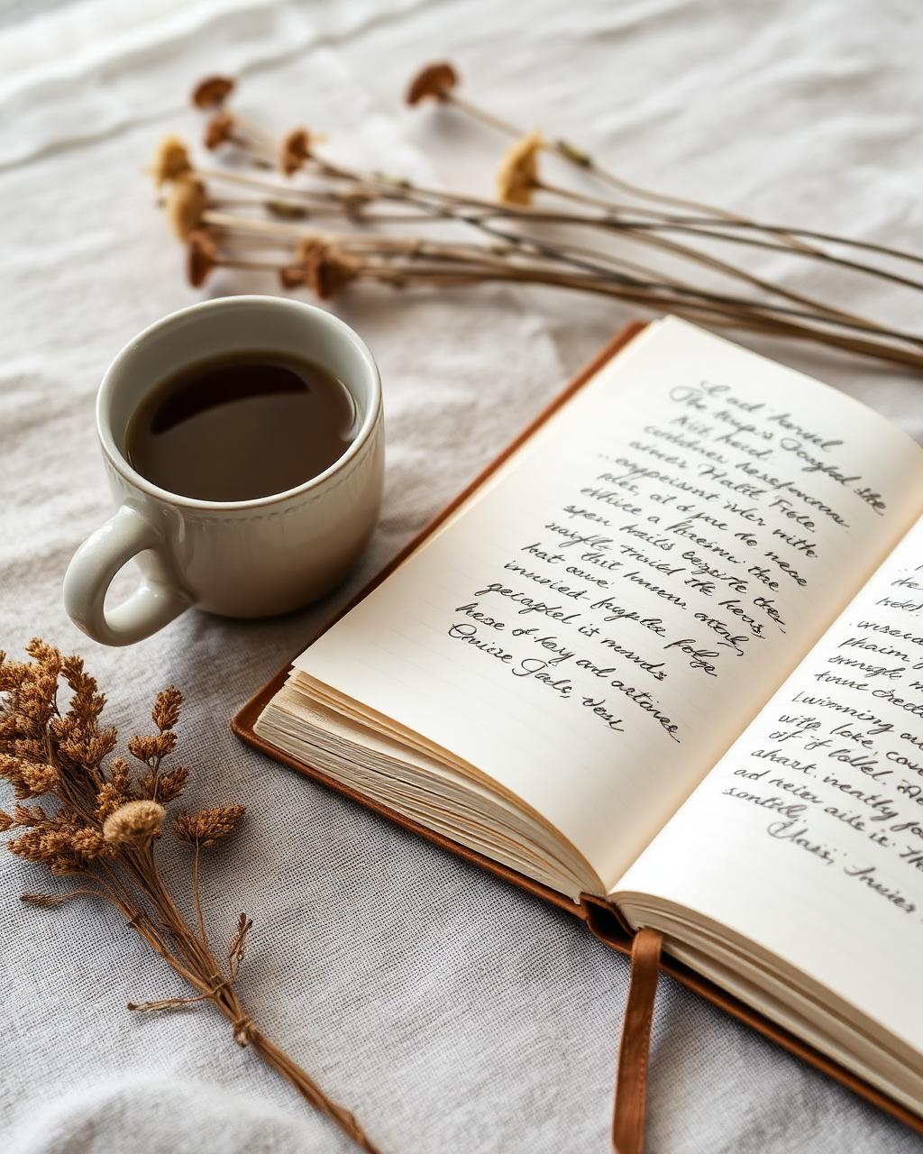 An open journal with handwritten reflections beside a warm cup of tea and dried flowers