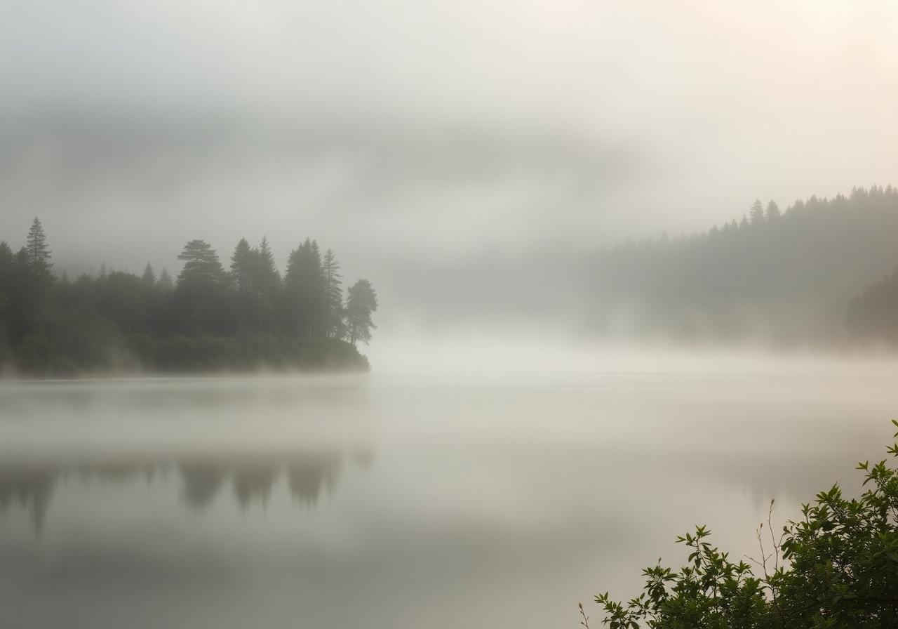 A misty lake at dawn surrounded by soft forest — a calm, grounding landscape