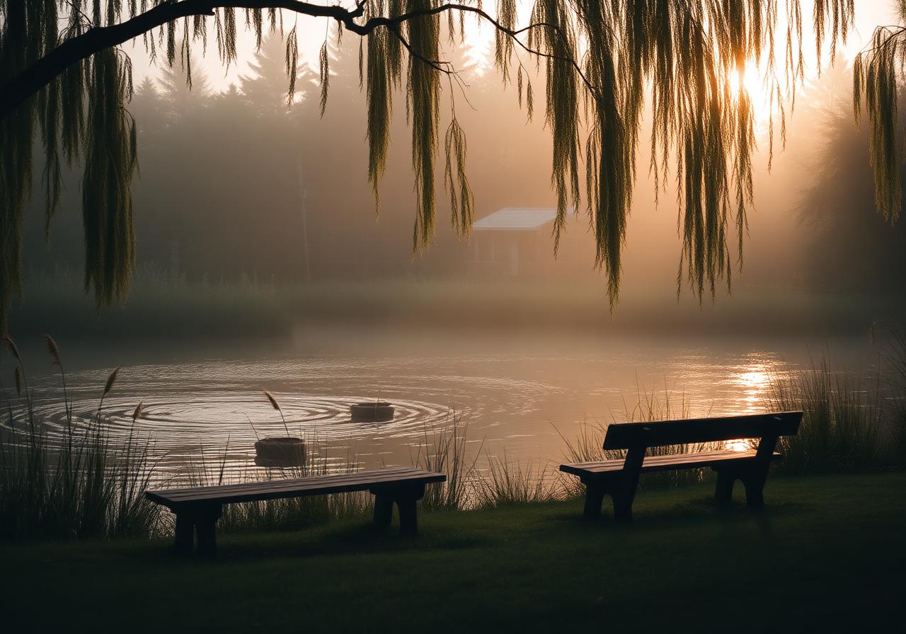 A still pond at golden hour framed by willow branches