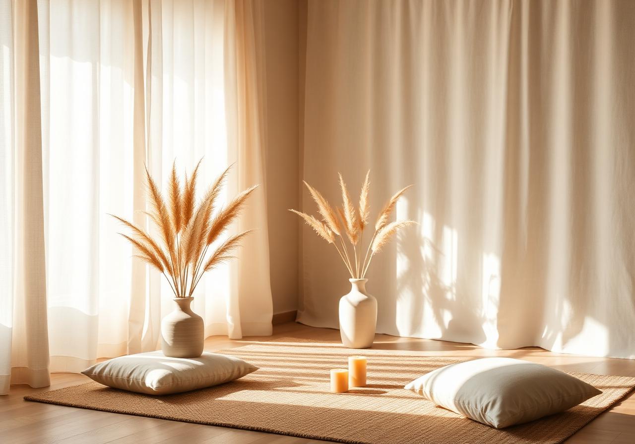 A serene retreat space with soft natural light, floor cushions, and dried pampas grass