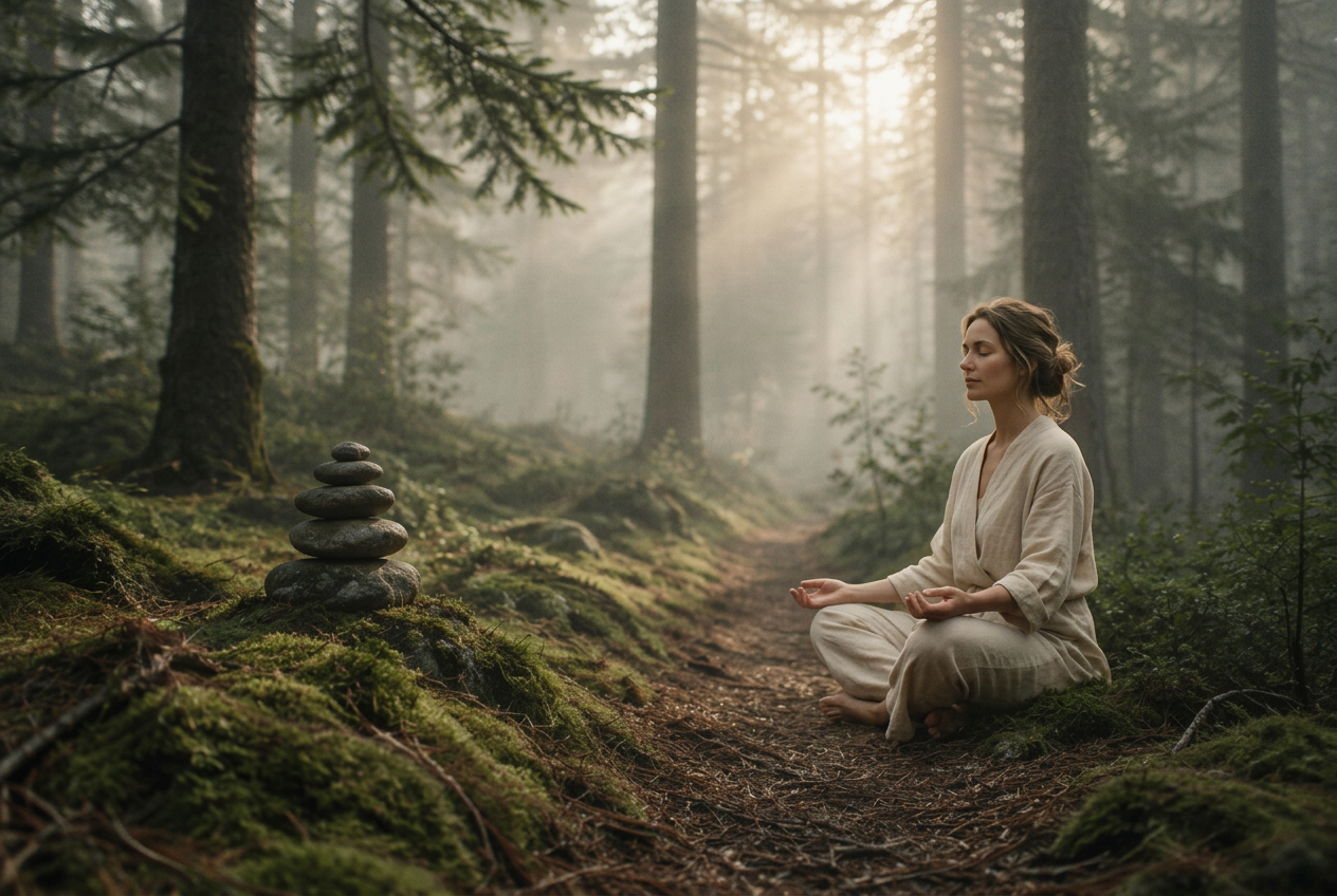 A woman seated cross-legged in quiet meditation beside a misty forest path at dawn, a small stone cairn at the edge