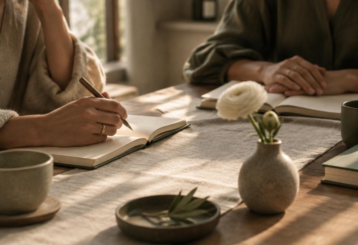 Two participants writing in journals over tea at a linen-dressed table